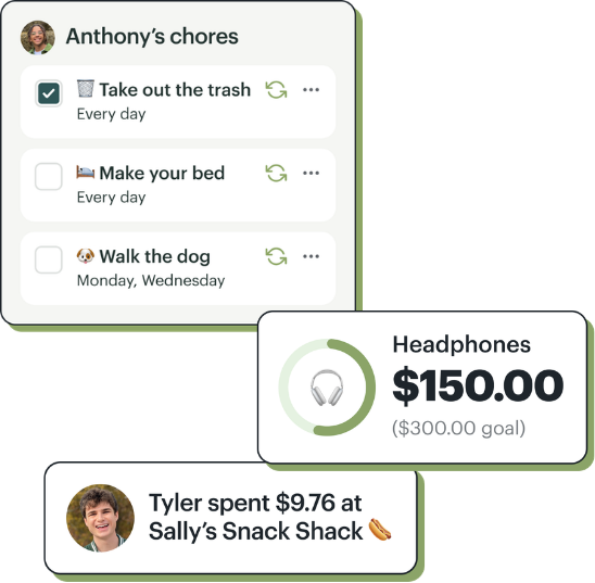 A checklist of chores to be completed, a $150.00 Savings goal for headphones and a phone notification of $9.76 spent at a snack shack.